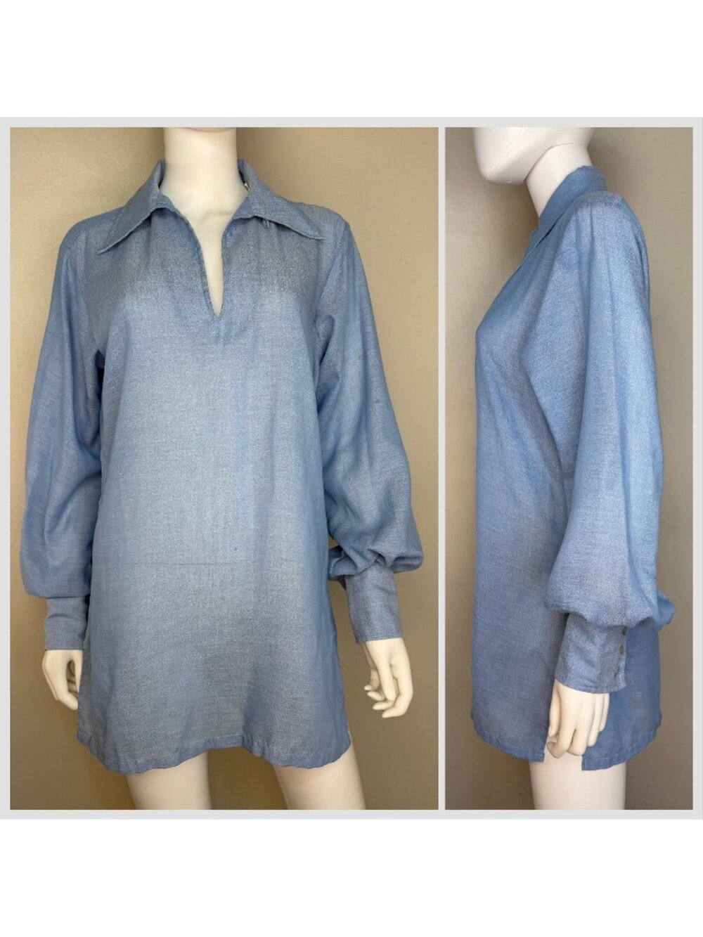 Vintage 1970s Men’s Blue Tunic, Pull Over Collared Poet Shirt, 417 Van Heusen M